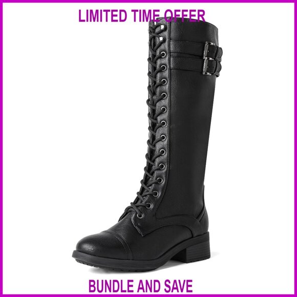 Women's Knee High Combat Boots with Faux Fur Lining and Buckle Straps